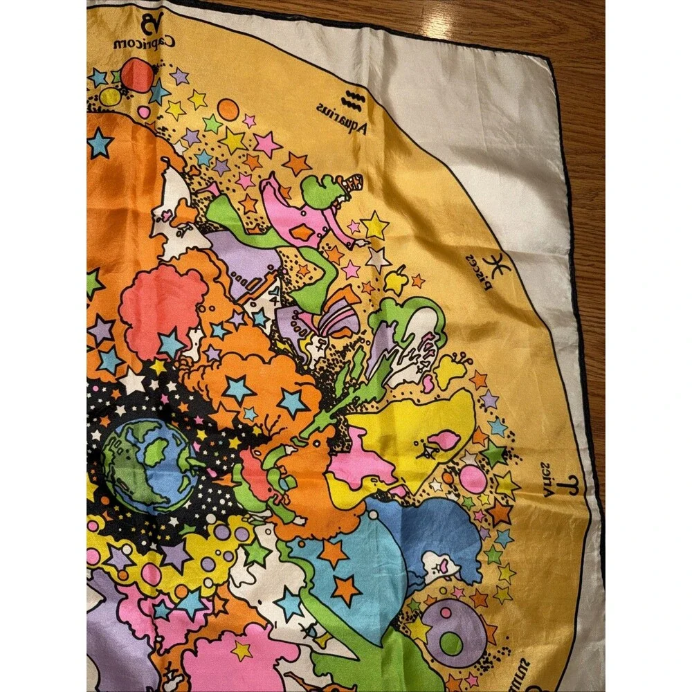Vtg Peter Max Zodiac Astrology Silk Scarf 21x21” 60s Psychedelic Retro Hippie